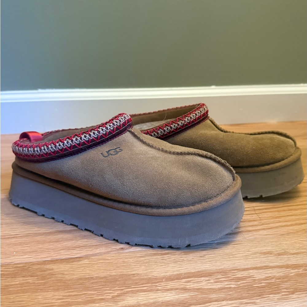 UGG Brown Suede Platform Mules with Red Trim